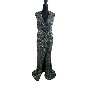NWT Mac Duggal Forest Green Cap Sleeve Sequin High-Slit Dress, Size 6
